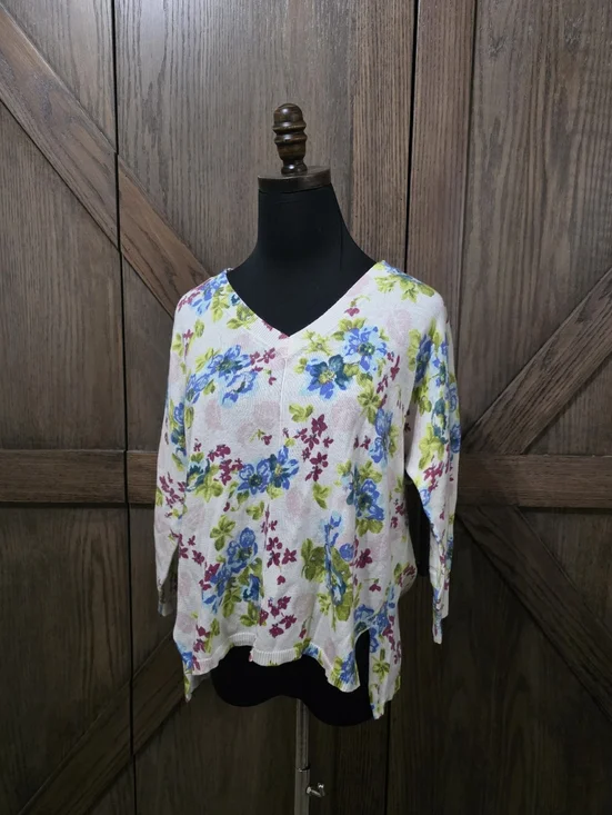 Sundance Women's V-Neck Sweater in White with Pastel Floral Hues - Picture 1 of 4